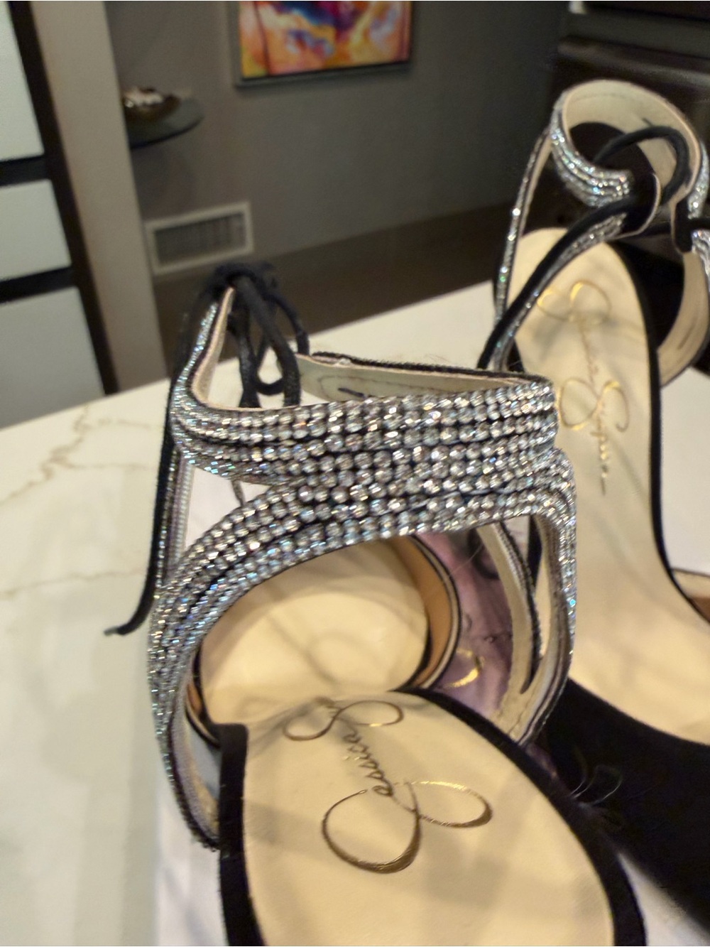 🆕 Jessica Simpson Black Suede Pointed Toe Rhinestone Ankle Tie Heels - Picture 7 of 17